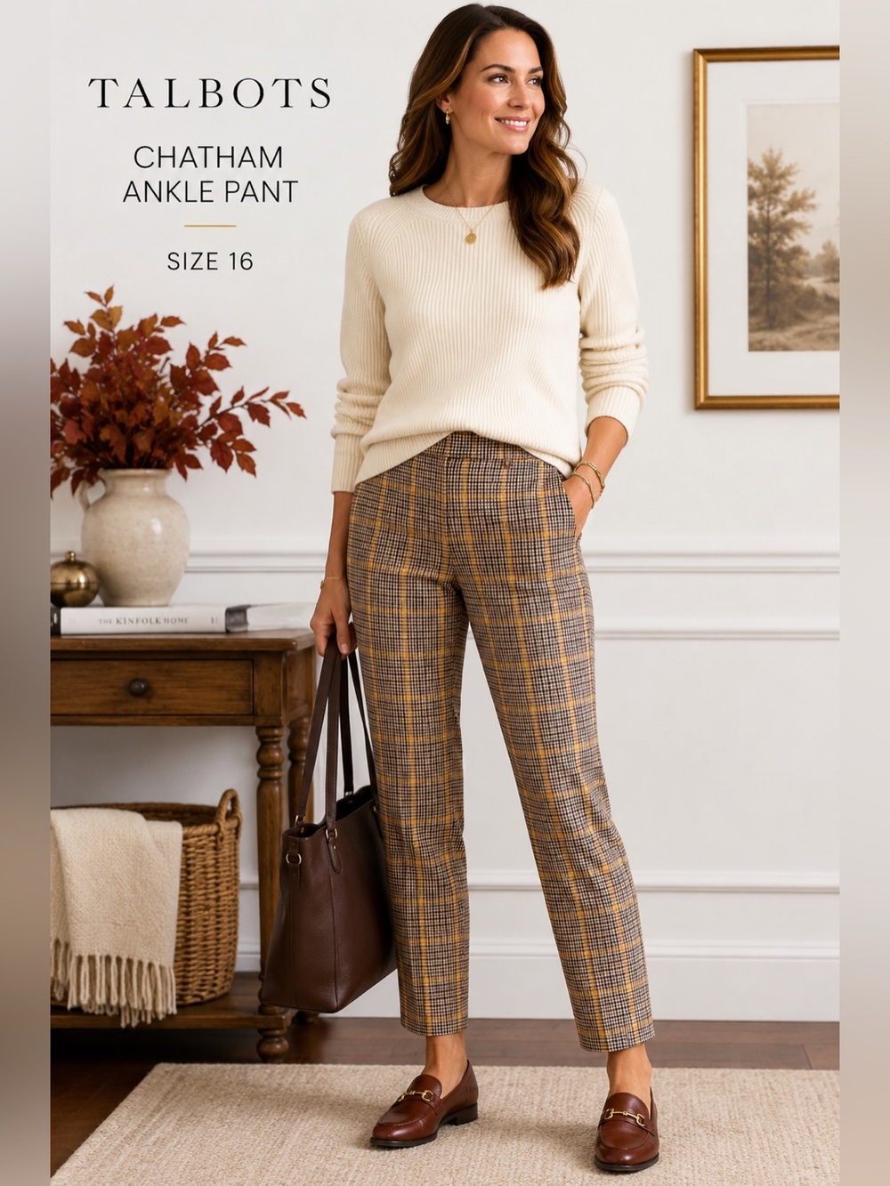 Talbots Chatham Ankle Pants Size 16 Plaid Brown Tan Yellow Stretch NWT $109